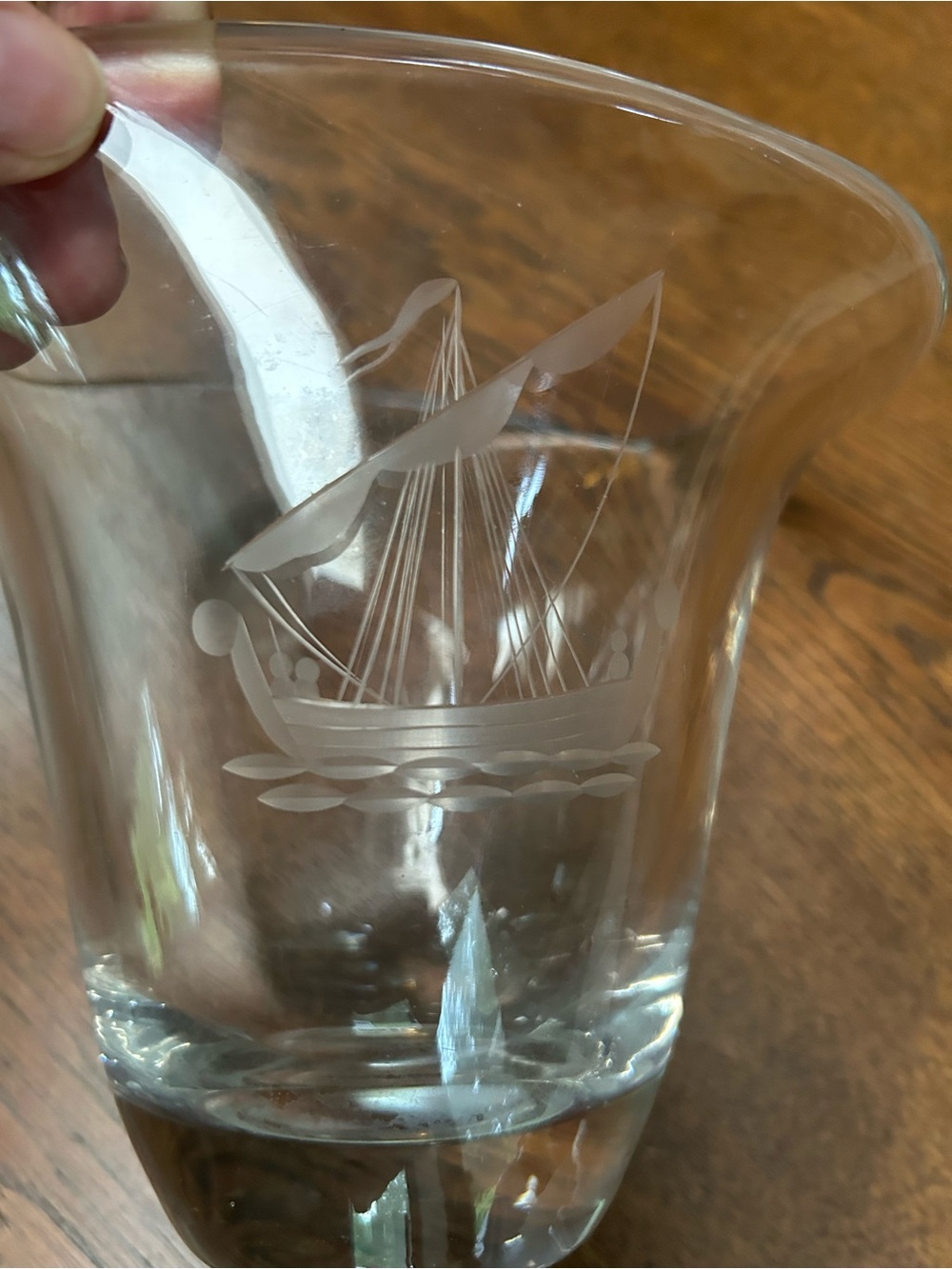 Etched Chrystal Glass Vase w/ Sailboat Motif. Thick walled glass w/weighted base